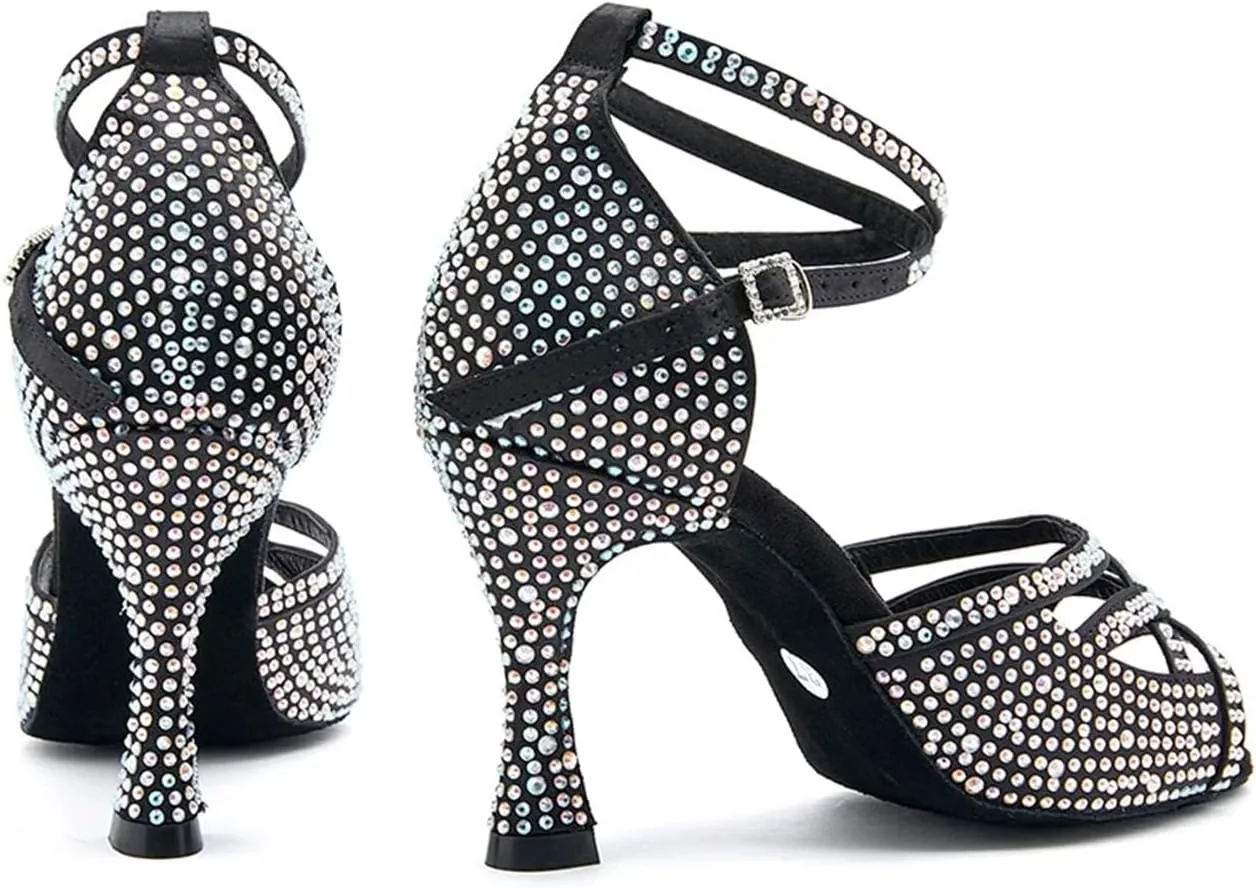 Women's Black Satin Dance Shoes - Rhinestone Ballroom Professional Sneakers, 5CM/2Inch Heel Height