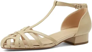 Women's Caged Closed Toe Flat Sandals T Strap Comfortable Adjustable Buckle Hollow Out Roman Sandals Vintage Casual Beach Sandals