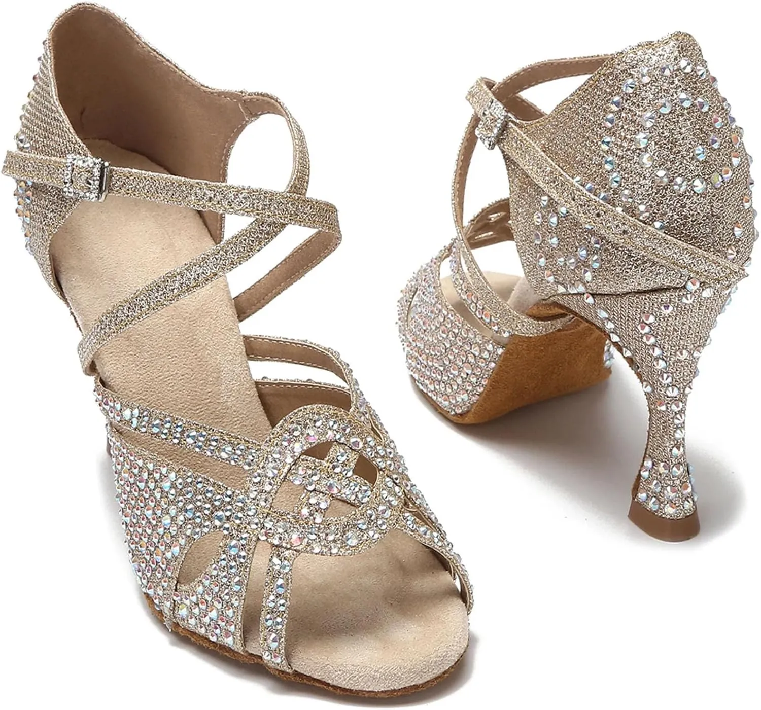 Women's Gold Diamond Latin Dance Shoes - Tango Salsa Party Sandals, 5CM/2Inch Heel Height