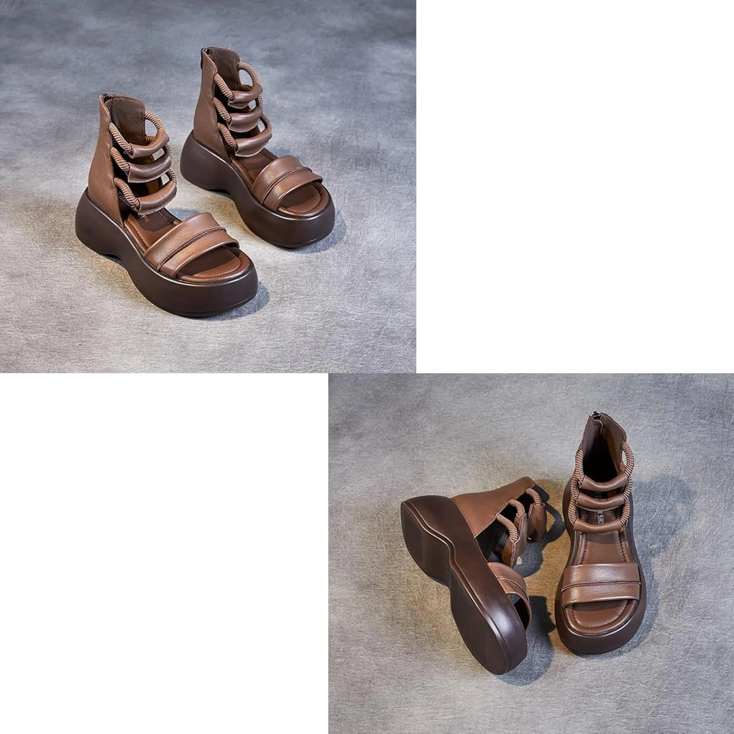 Women's Leather High Top Platform Sandals Sexy Peep Toe Hollow Back Zipper Gladiator Sandals Fashion Comfortable Soft Bottom Casual Walking Beach Sandals