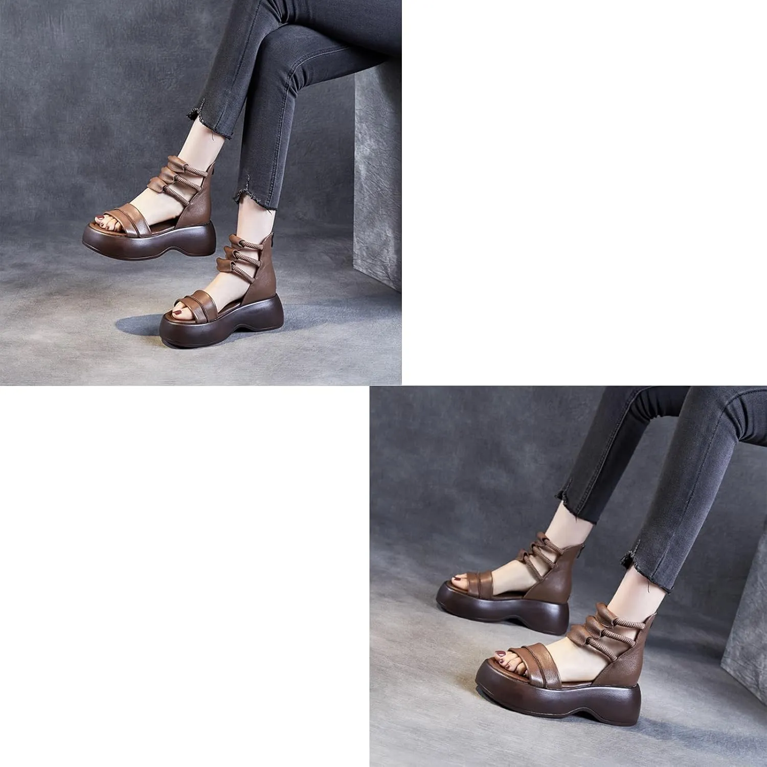 Women's Leather High Top Platform Sandals Sexy Peep Toe Hollow Back Zipper Gladiator Sandals Fashion Comfortable Soft Bottom Casual Walking Beach Sandals