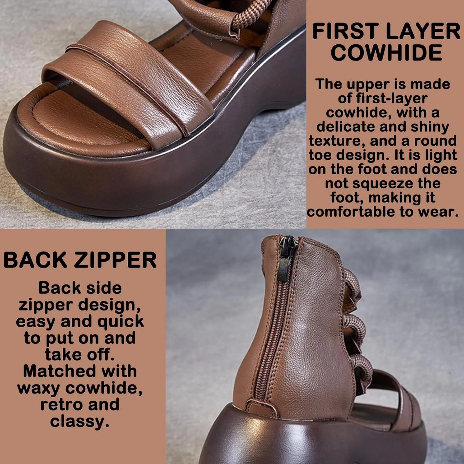 Women's Leather High Top Platform Sandals Sexy Peep Toe Hollow Back Zipper Gladiator Sandals Fashion Comfortable Soft Bottom Casual Walking Beach Sandals