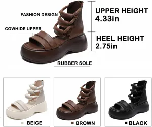 Women's Leather High Top Platform Sandals Sexy Peep Toe Hollow Back Zipper Gladiator Sandals Fashion Comfortable Soft Bottom Casual Walking Beach Sandals