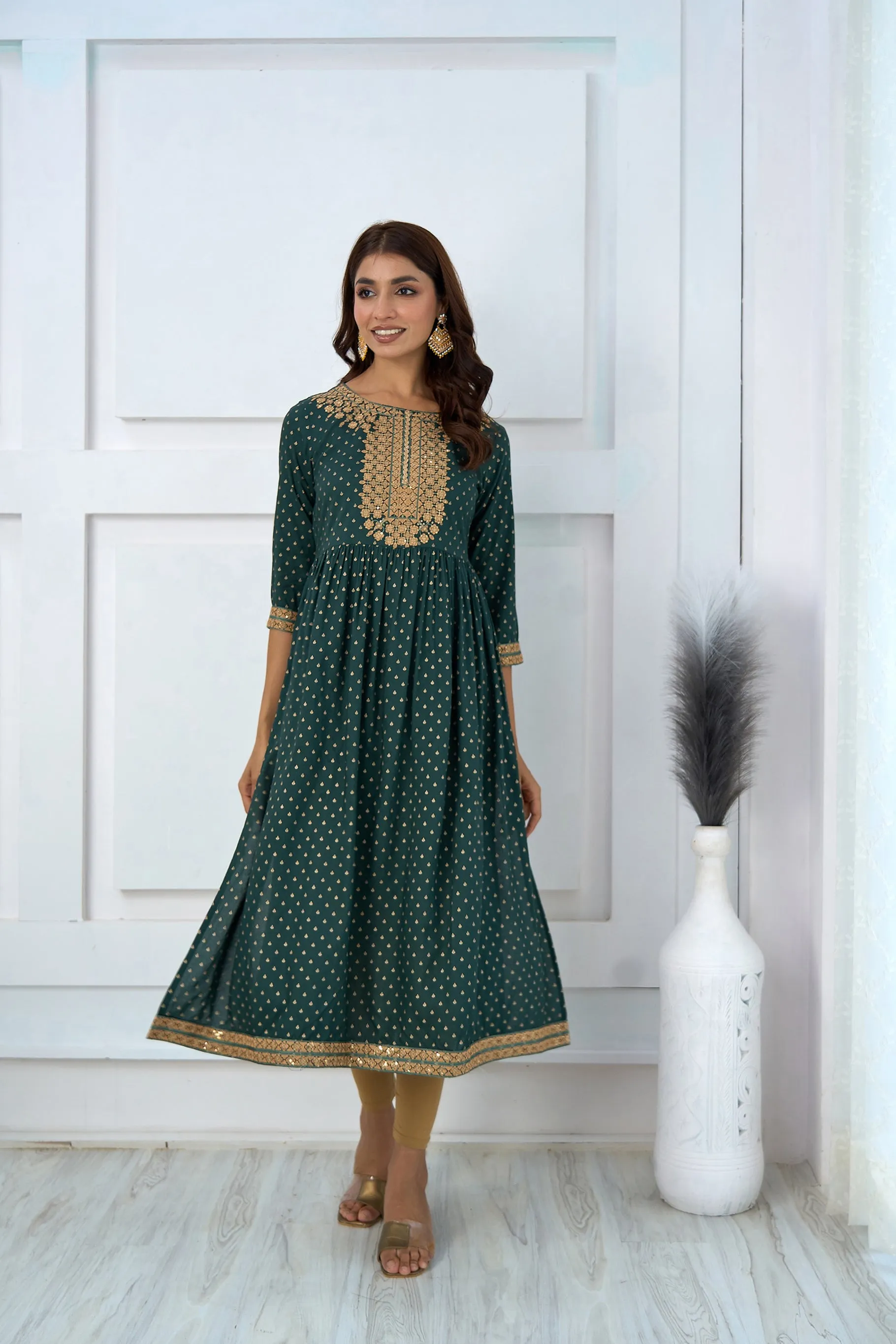 Womens Rayon Rama Green Nyara Cut A-Line Kurta
