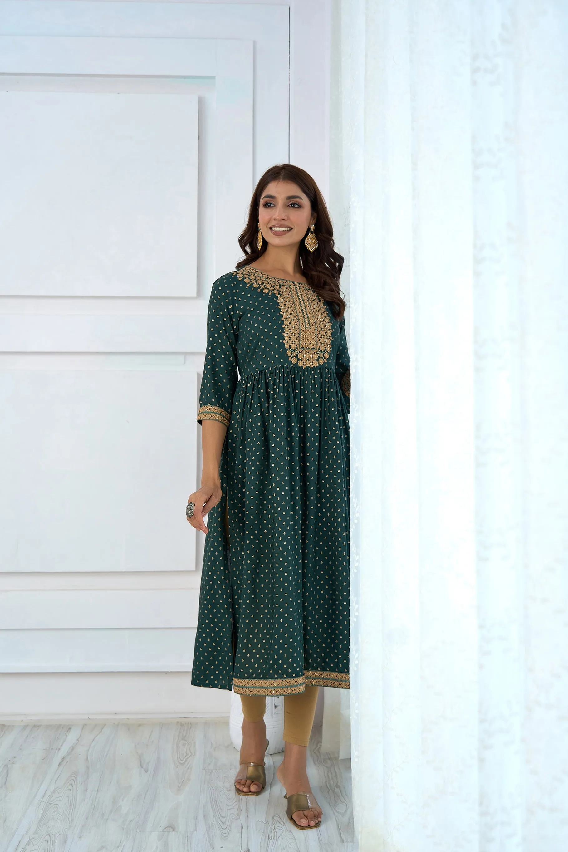 Womens Rayon Rama Green Nyara Cut A-Line Kurta