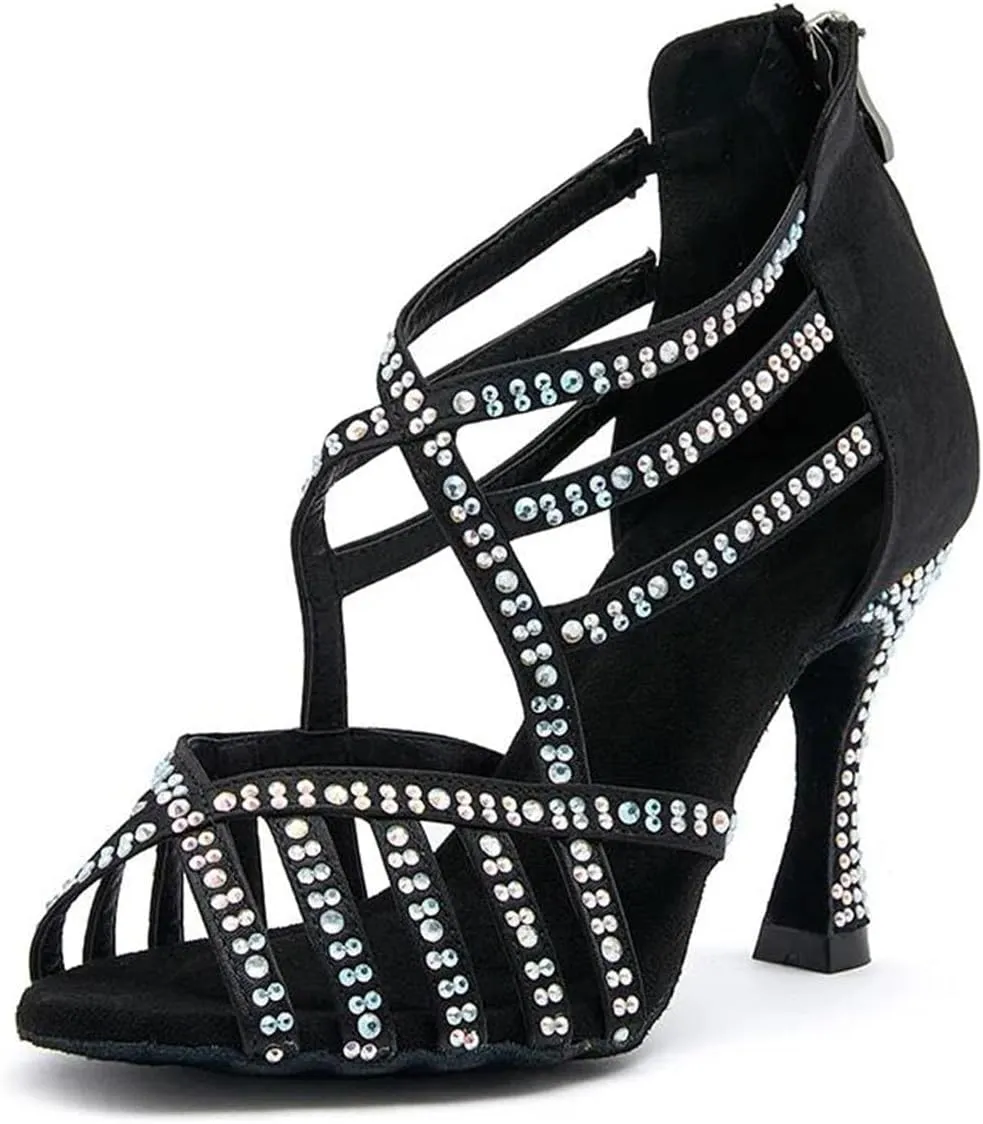 Women's Soft Bottom Latin Dance Shoes - Rhinestone Tango Salsa Ballroom Sandals, 5CM/2Inch Heel Height