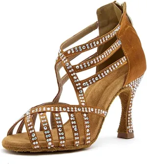 Women's Soft Bottom Latin Dance Shoes - Rhinestone Tango Salsa Ballroom Sandals, 5CM/2Inch Heel Height