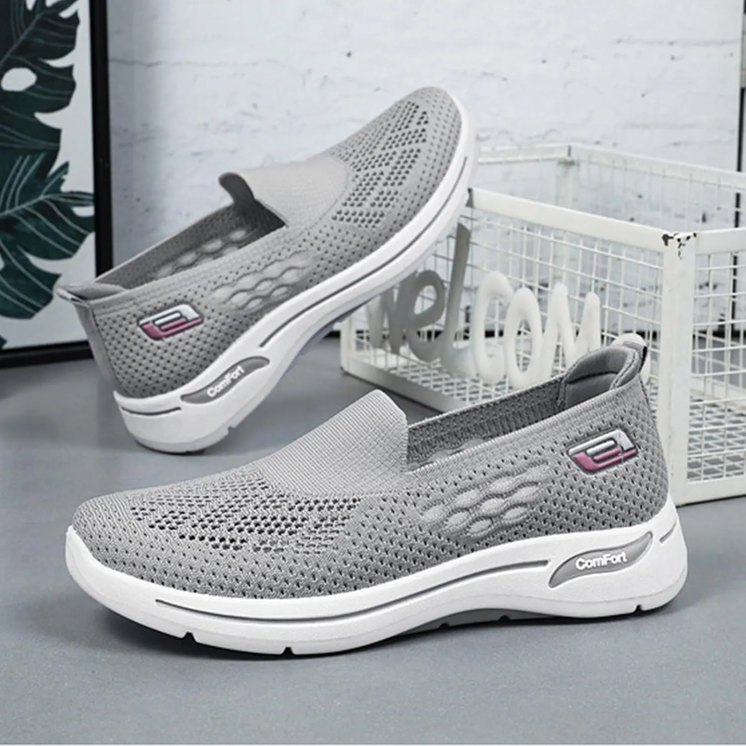 Womens Woven Orthopedic Breathable Soft Shoes Diabetic Foam Slip On Walking Shoes with Arch Support Mesh Anti-Skid Lightweight Sneakers for Women
