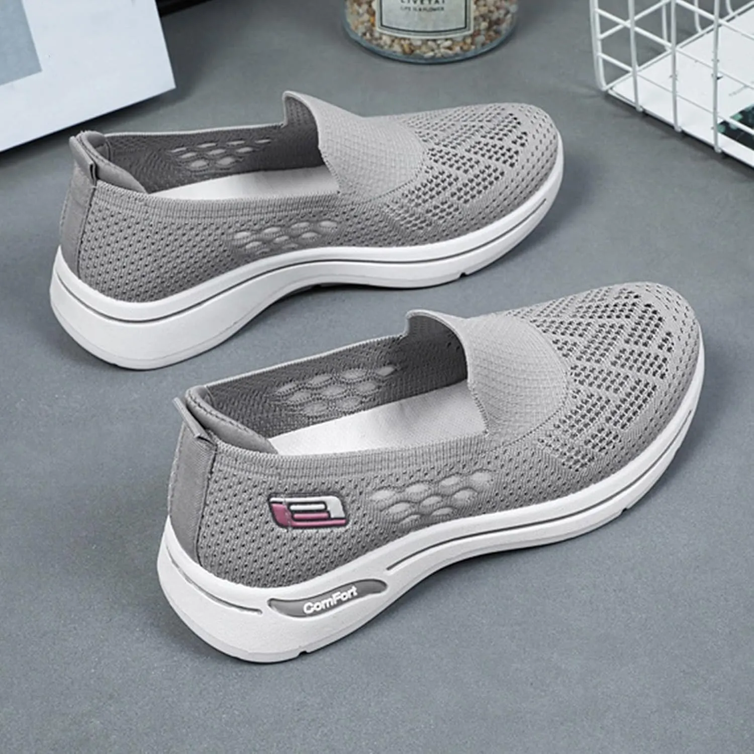 Womens Woven Orthopedic Breathable Soft Shoes Diabetic Foam Slip On Walking Shoes with Arch Support Mesh Anti-Skid Lightweight Sneakers for Women