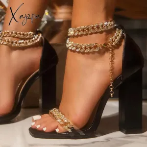 Xajzpa - Women Wedding Heels Elegant Party Sandals Chain Embellished Ankle Strap Chunky Heels Shoes