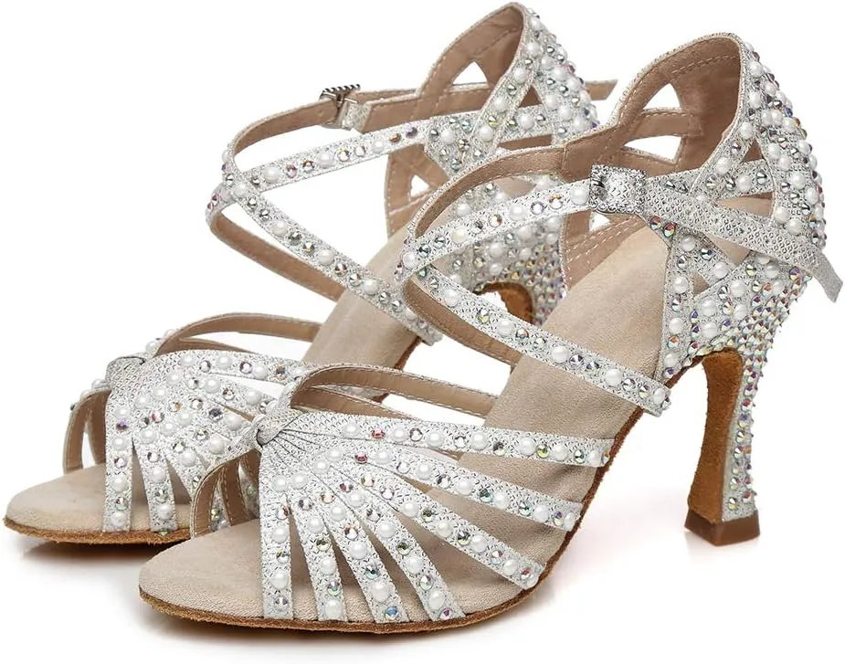 YKXLM Women Dance Shoes Rhinestone Ballroom Latin Salsa Bachata Performance Dance Shoes Peep-Toe Model YCL429