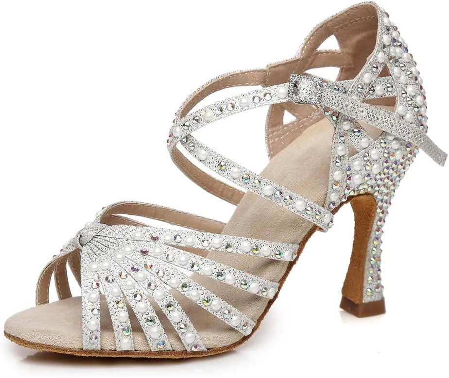 YKXLM Women Dance Shoes Rhinestone Ballroom Latin Salsa Bachata Performance Dance Shoes Peep-Toe Model YCL429
