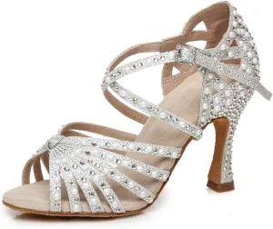 YKXLM Women Dance Shoes Rhinestone Ballroom Latin Salsa Bachata Performance Dance Shoes Peep-Toe Model YCL429
