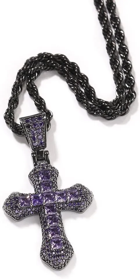 Zirconia Cross Hip Hop Silver Plated Iced out Crystal Cross Necklace, Punk Style Pendant Jewelry with Stainless Steel Rope Chain for Men Women
