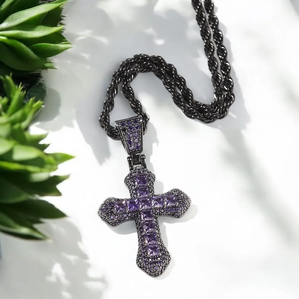 Zirconia Cross Hip Hop Silver Plated Iced out Crystal Cross Necklace, Punk Style Pendant Jewelry with Stainless Steel Rope Chain for Men Women