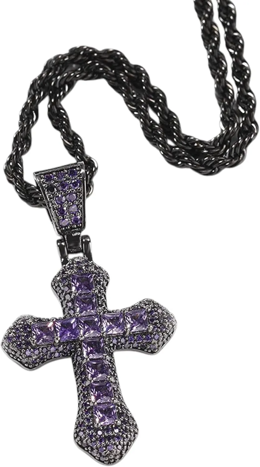 Zirconia Cross Hip Hop Silver Plated Iced out Crystal Cross Necklace, Punk Style Pendant Jewelry with Stainless Steel Rope Chain for Men Women